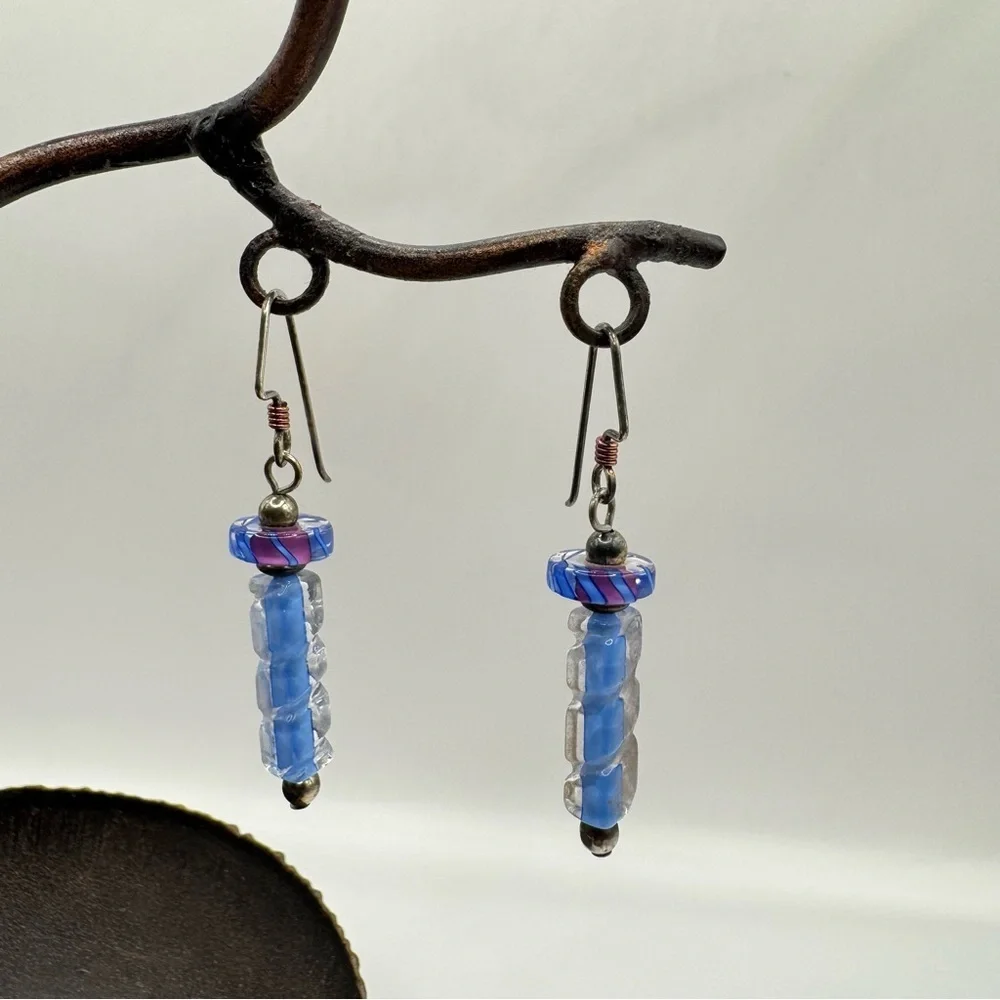 Furnace Glass Dangle Earrings | Blue & Purple Artisan Beads Boho Handmade Style